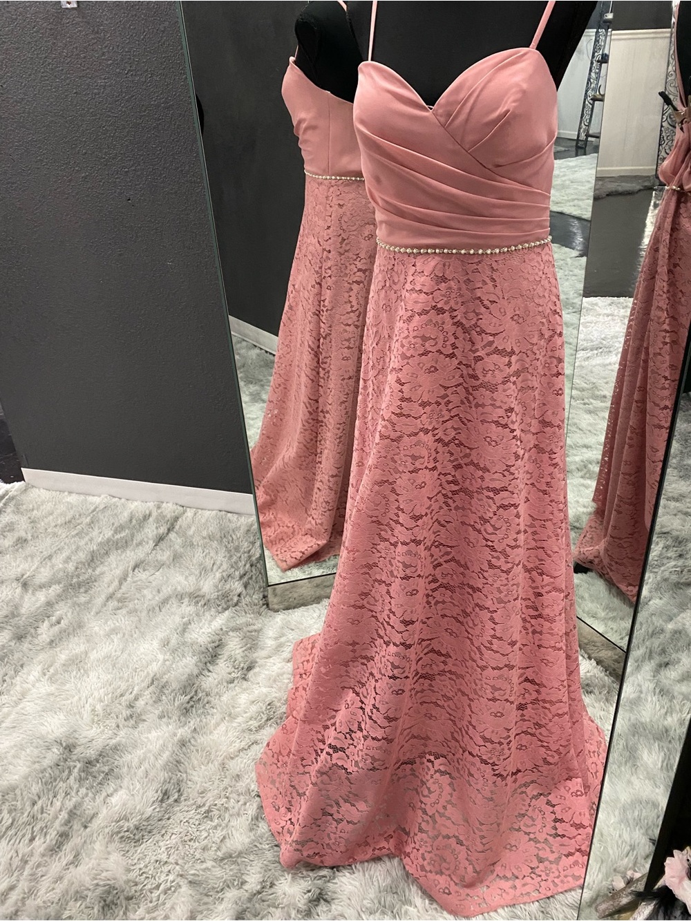Mauve Lace Evening Dress with Pearl and Rhinestone Waist